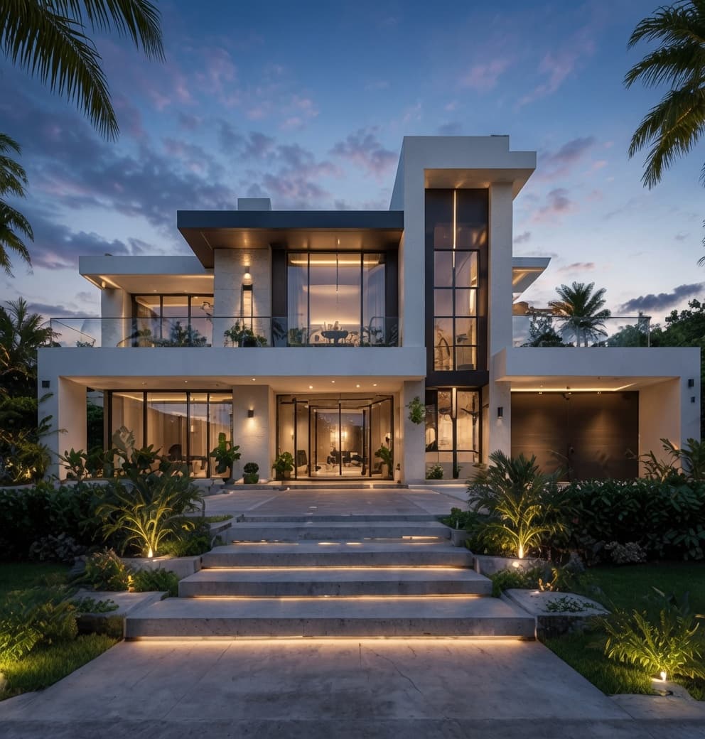 Fachada de Villa Horizon al anochecer, con la escalera iluminada entre jardines
